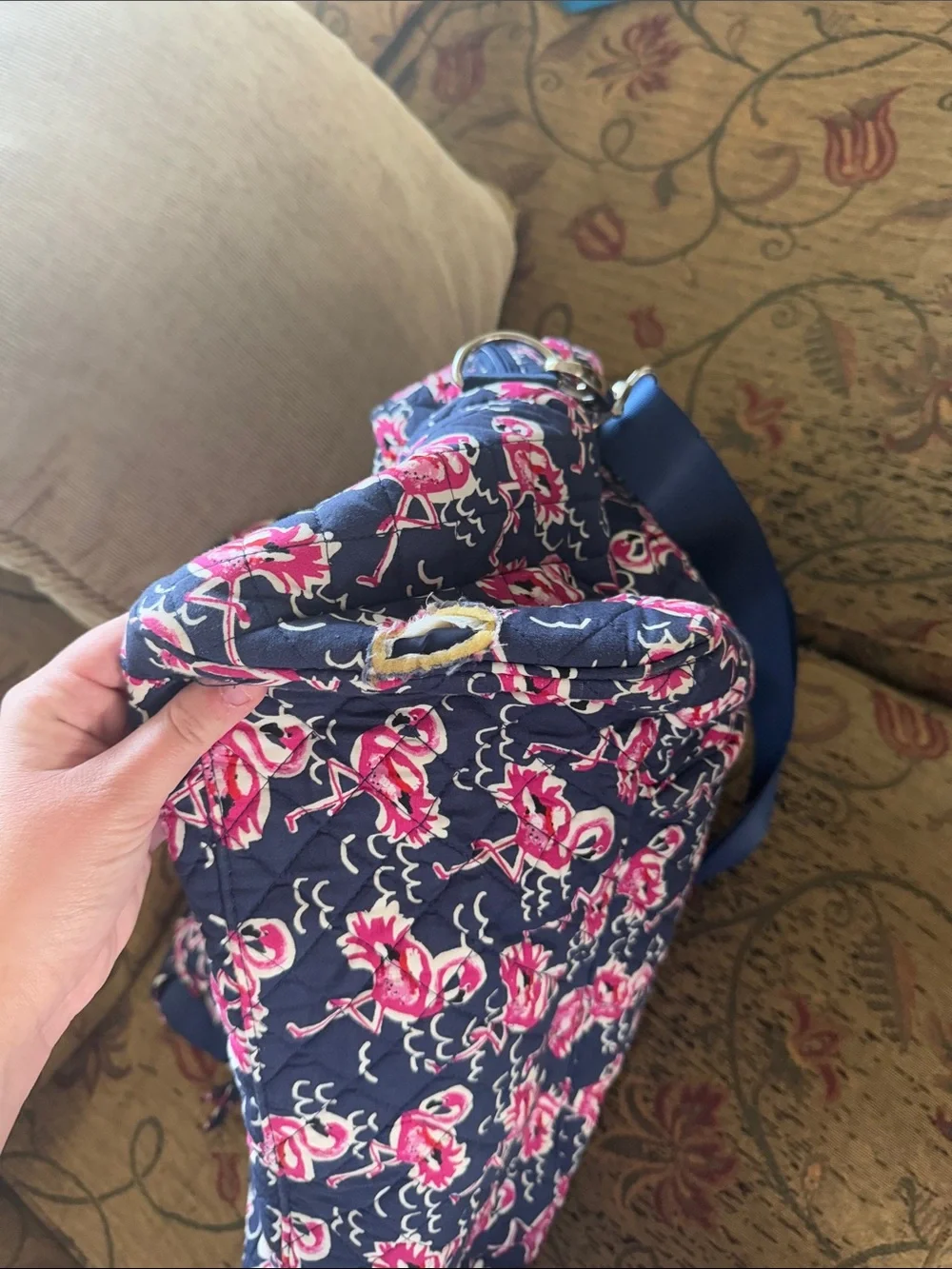 Navy Quilted Flamingo Laptop Tote - Pink Flamingo Pattern